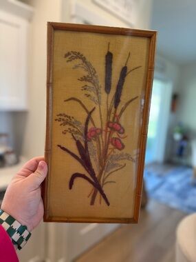 Vintage cattail finished crewel 7 1/4 x 14 3/4 framed